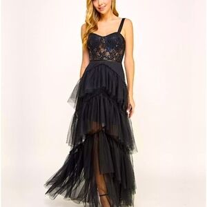 Women Juniors City Studios Ruffle Tiered Sequin Lace Gown Black 15/16 Prom Dress